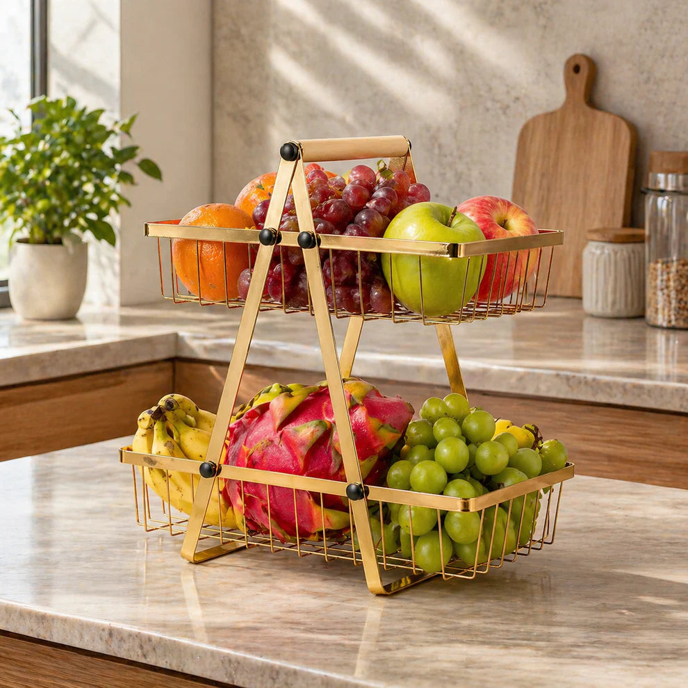 2-Tier Carry & Serve Fruit Basket – With Wooden Handle