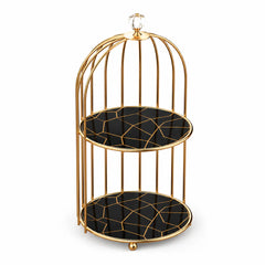 2-Tier Golden Vanity Cage – Wooden Base Makeup Organizer