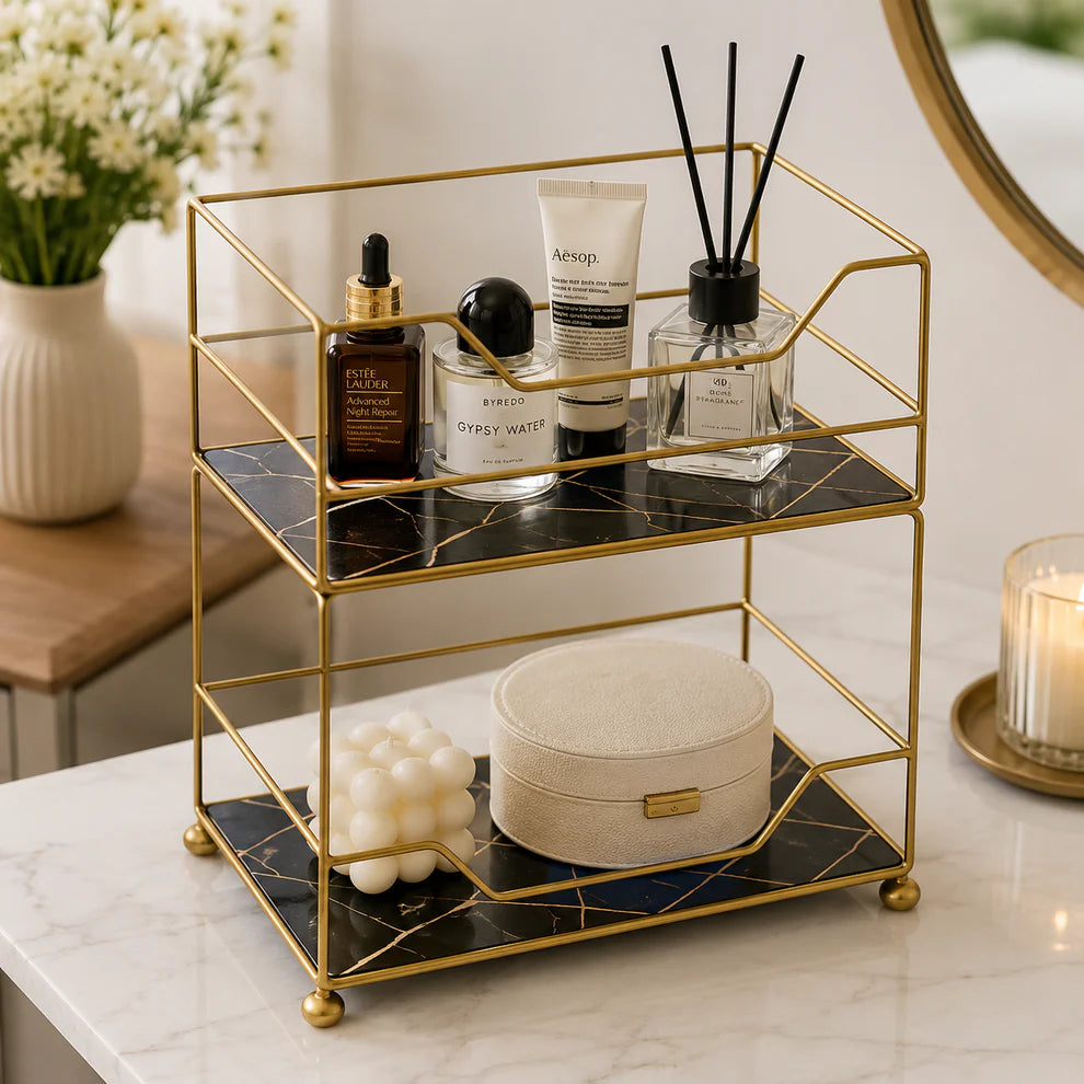 2-Tier Elite Vanity Tower – Gold Metal with Wooden Trays