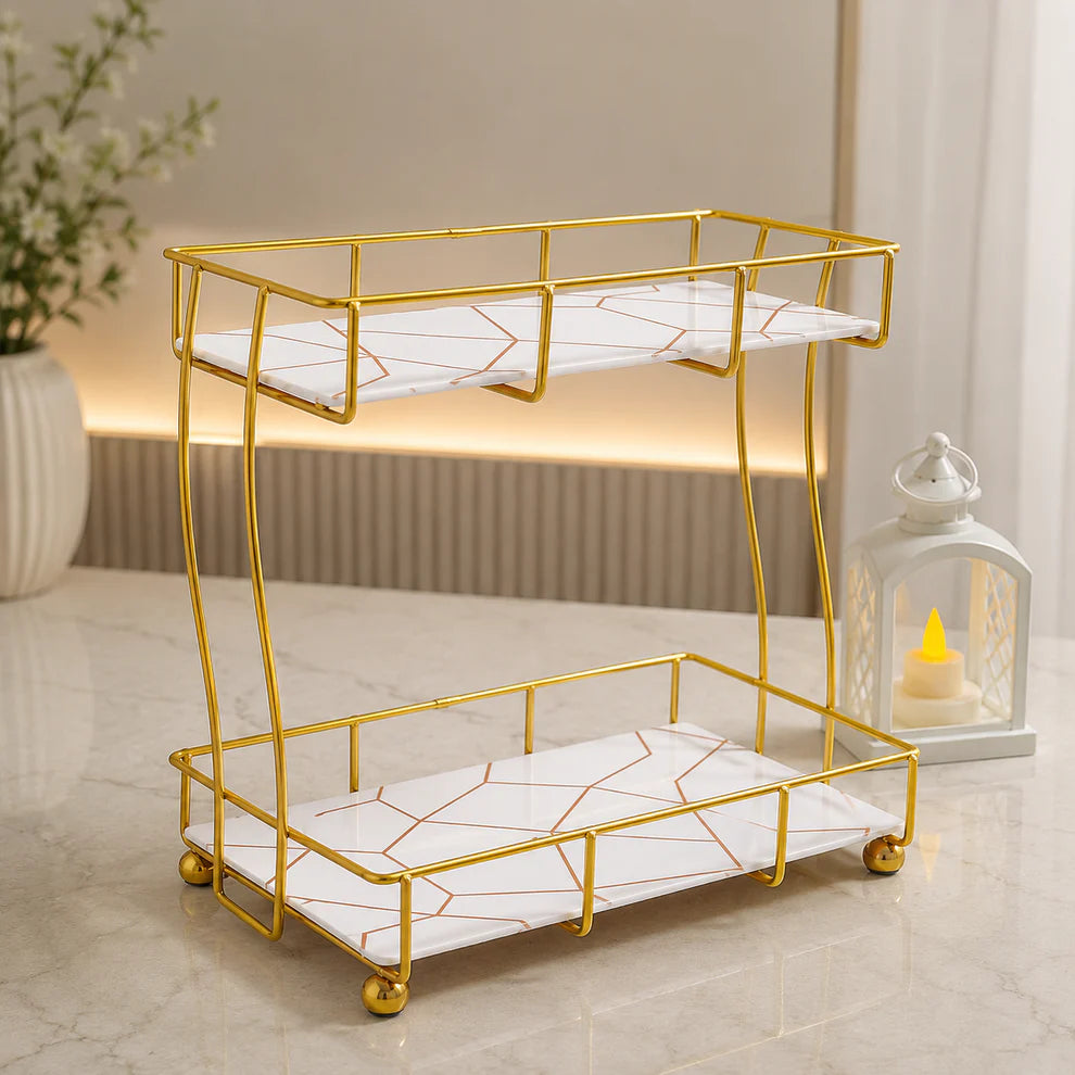 2-Tier Rectangular Golden Vanity Stand – Wooden Base