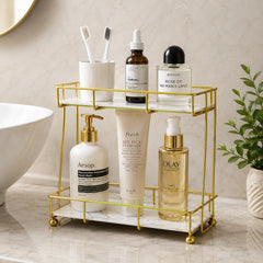 2-Tier Rectangular Golden Vanity Stand – Wooden Base