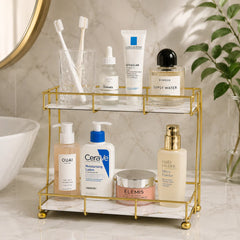 2-Tier Rectangular Golden Vanity Stand – Wooden Base