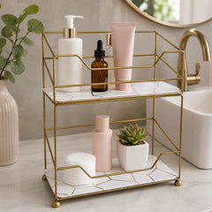 2-Tier Elite Vanity Tower – Gold Metal with Wooden Trays