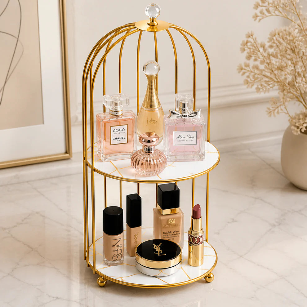2-Tier Golden Vanity Cage – Wooden Base Makeup Organizer