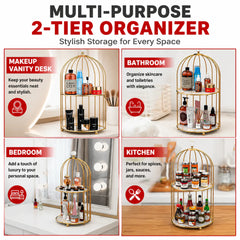 2-Tier Golden Vanity Cage – Wooden Base Makeup Organizer