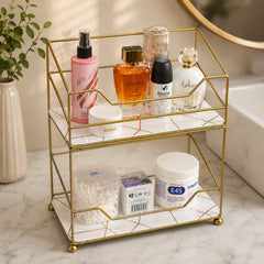 2-Tier Elite Vanity Tower – Gold Metal with Wooden Trays