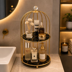 2-Tier Golden Vanity Cage – Wooden Base Makeup Organizer