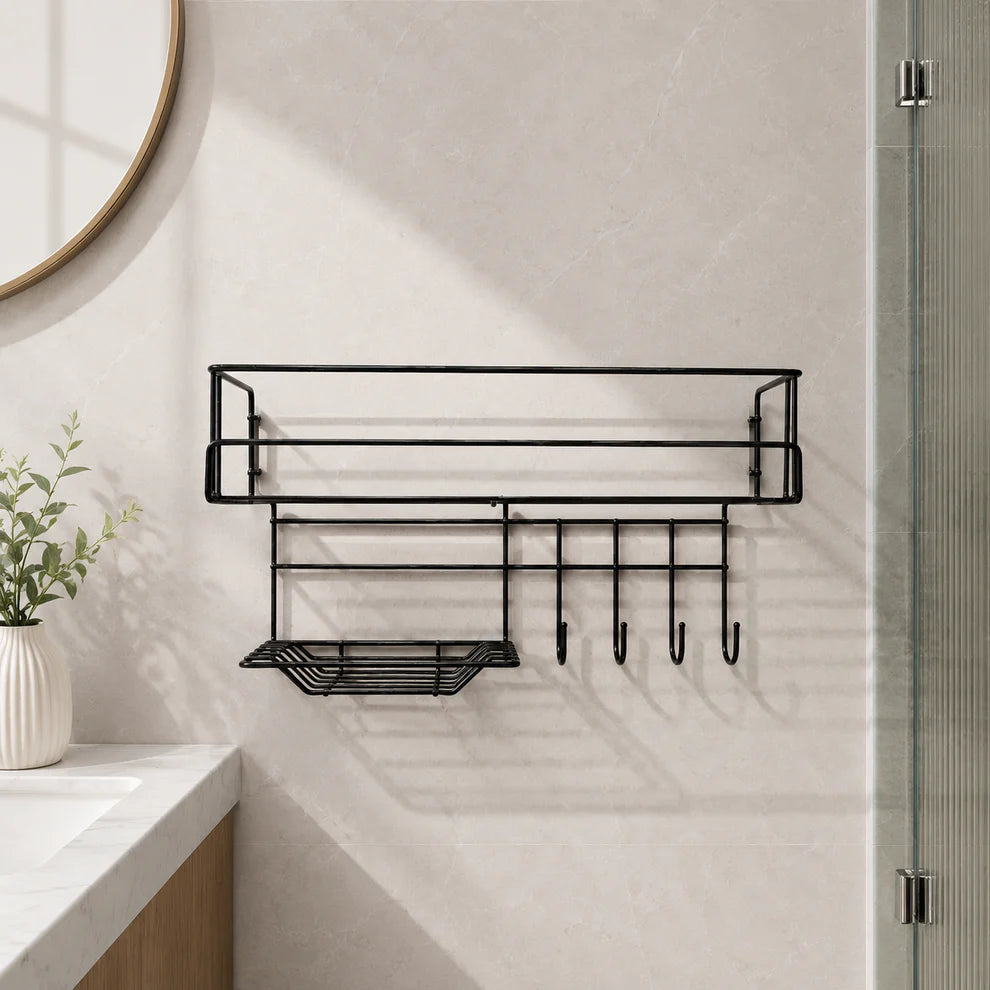 Bathroom Storage Shelf with Hooks and Soap Dish