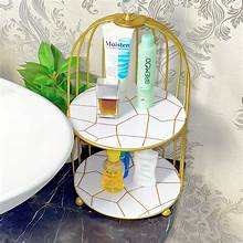2-Tier Golden Vanity Cage – Wooden Base Makeup Organizer